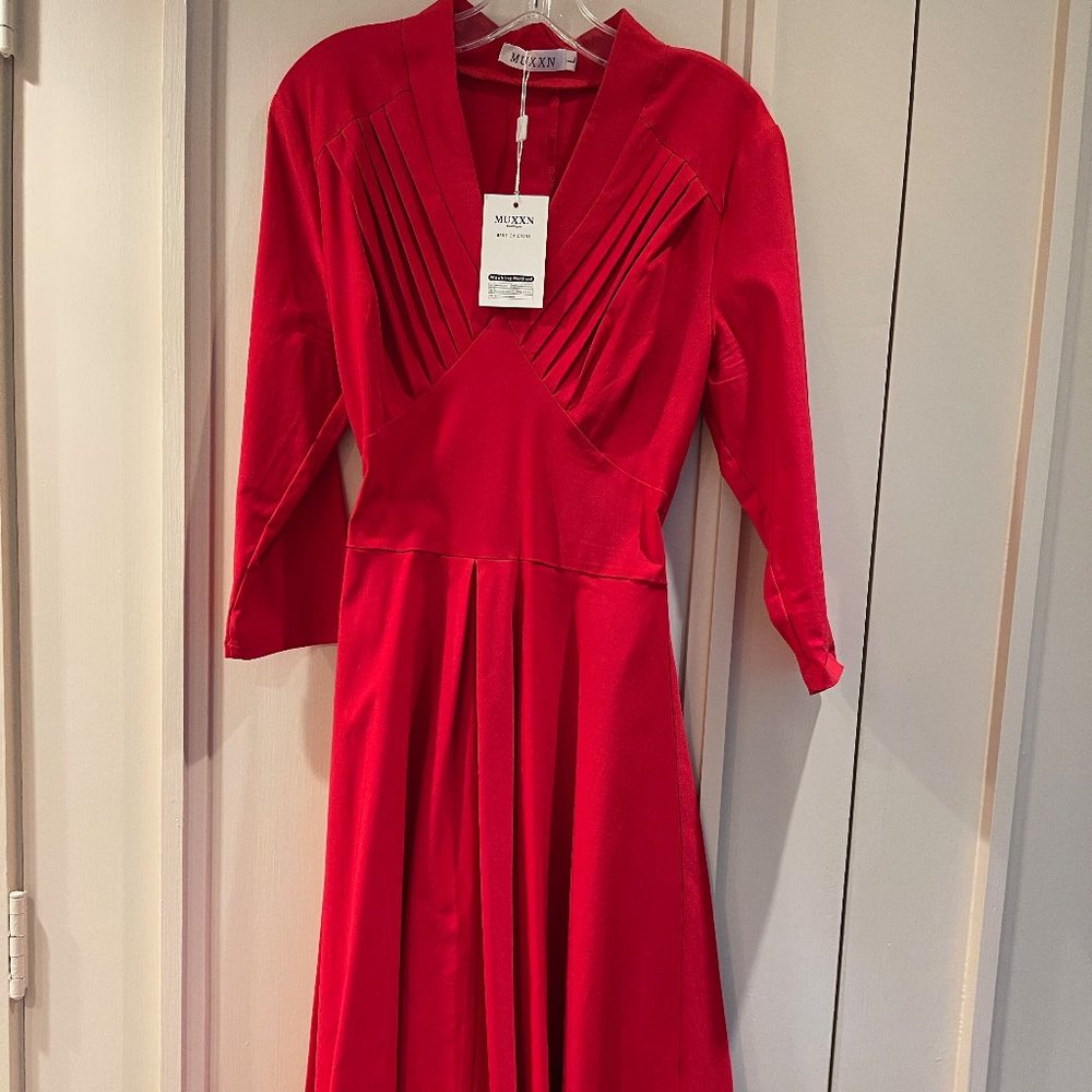 MUXXN Women's V Neck Elegant 3/4 Sleeve Vintage Bridesmaid Party Dress